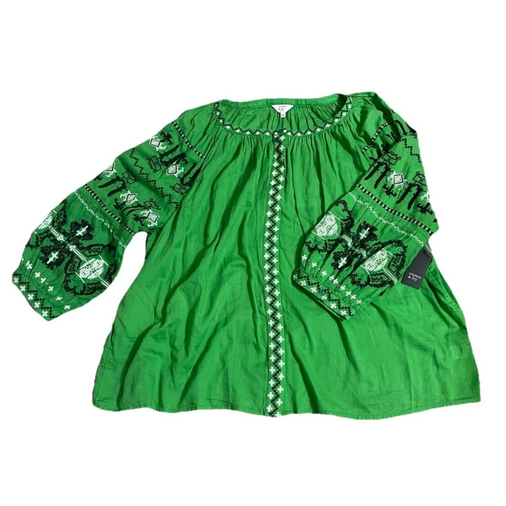 Crown & Ivy Peasant Top NWT Blouse Boho sz 3X Plus 3/4 Sleeve Embroidered Tunic